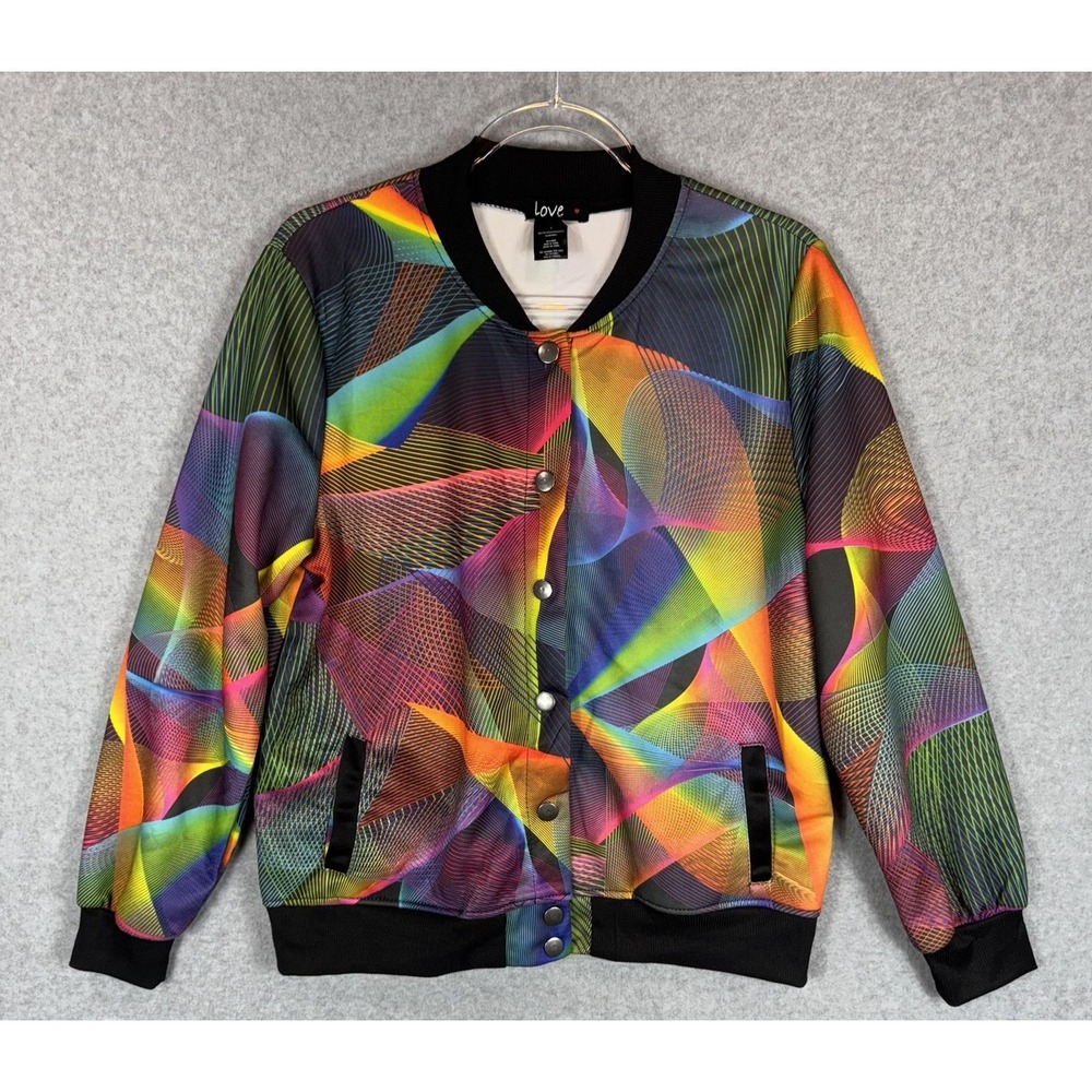 Love Bomber Jacket Womens Large Abstract Geometric Lightweight Polyester Zip